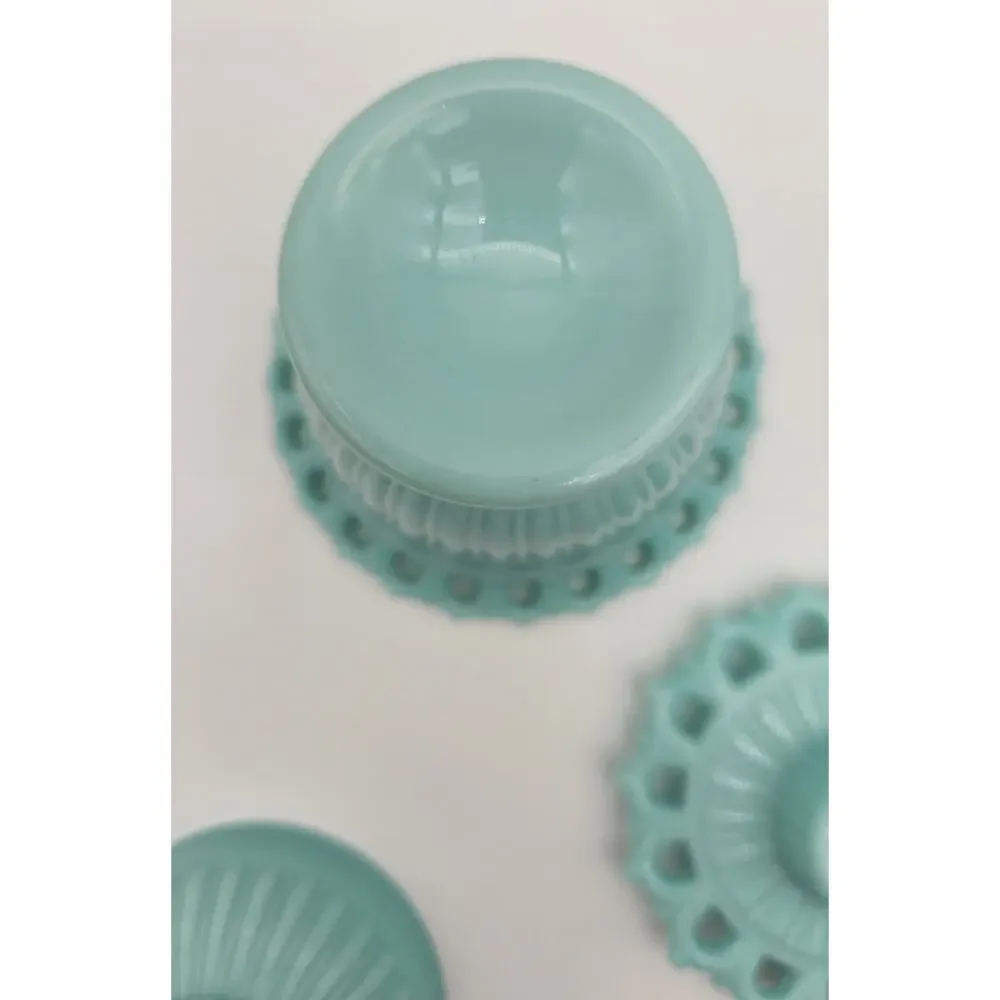 Fostoria Randolph Blue Milk Glass Cream Sugar & Candlestick Holder Set